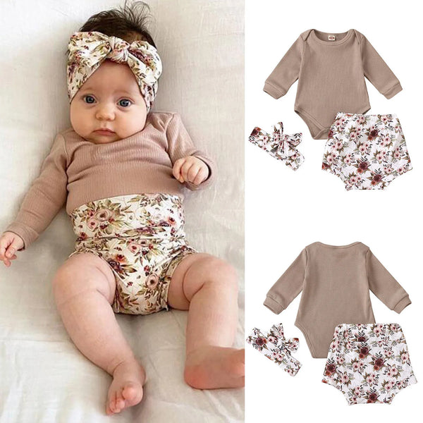 Baby Girls Summer Outfit Set: Bodysuit + Floral Shorts + Headband