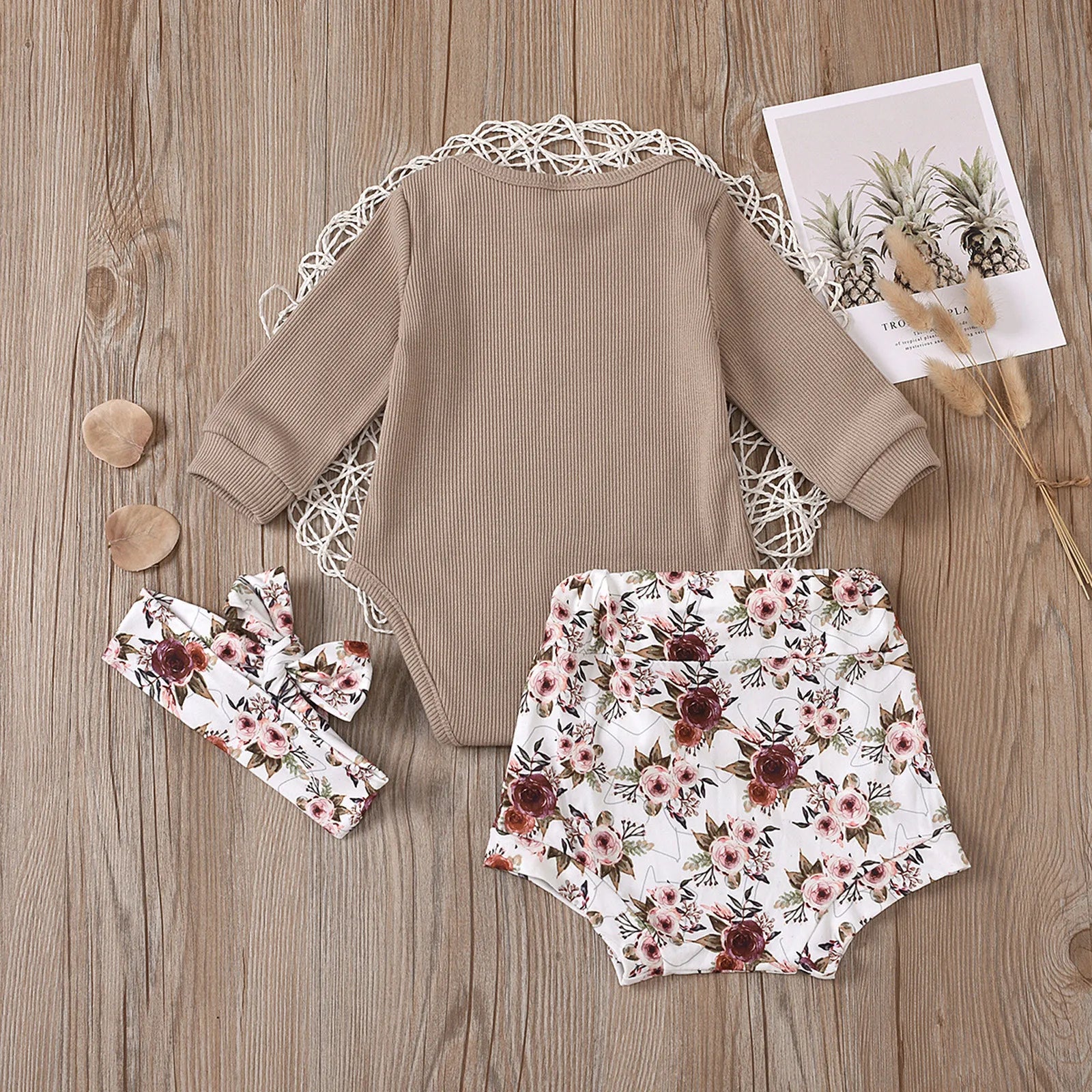 Baby Girls Summer Outfit Set: Bodysuit + Floral Shorts + Headband