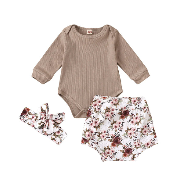 Baby Girls Summer Outfit Set: Bodysuit + Floral Shorts + Headband