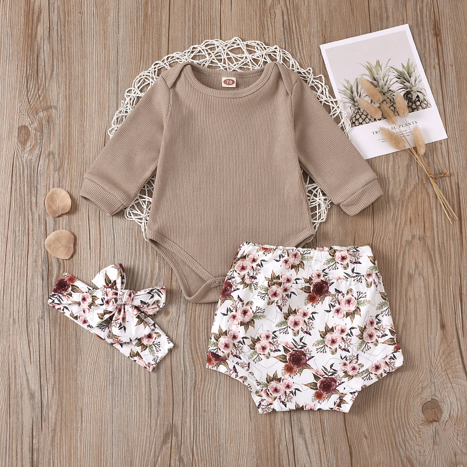 Baby Girls Summer Outfit Set: Bodysuit + Floral Shorts + Headband