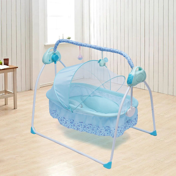 Electric Baby Crib Cradle Auto-Swing with Bluetooth, Chair, Music, Mat & Net - Blue