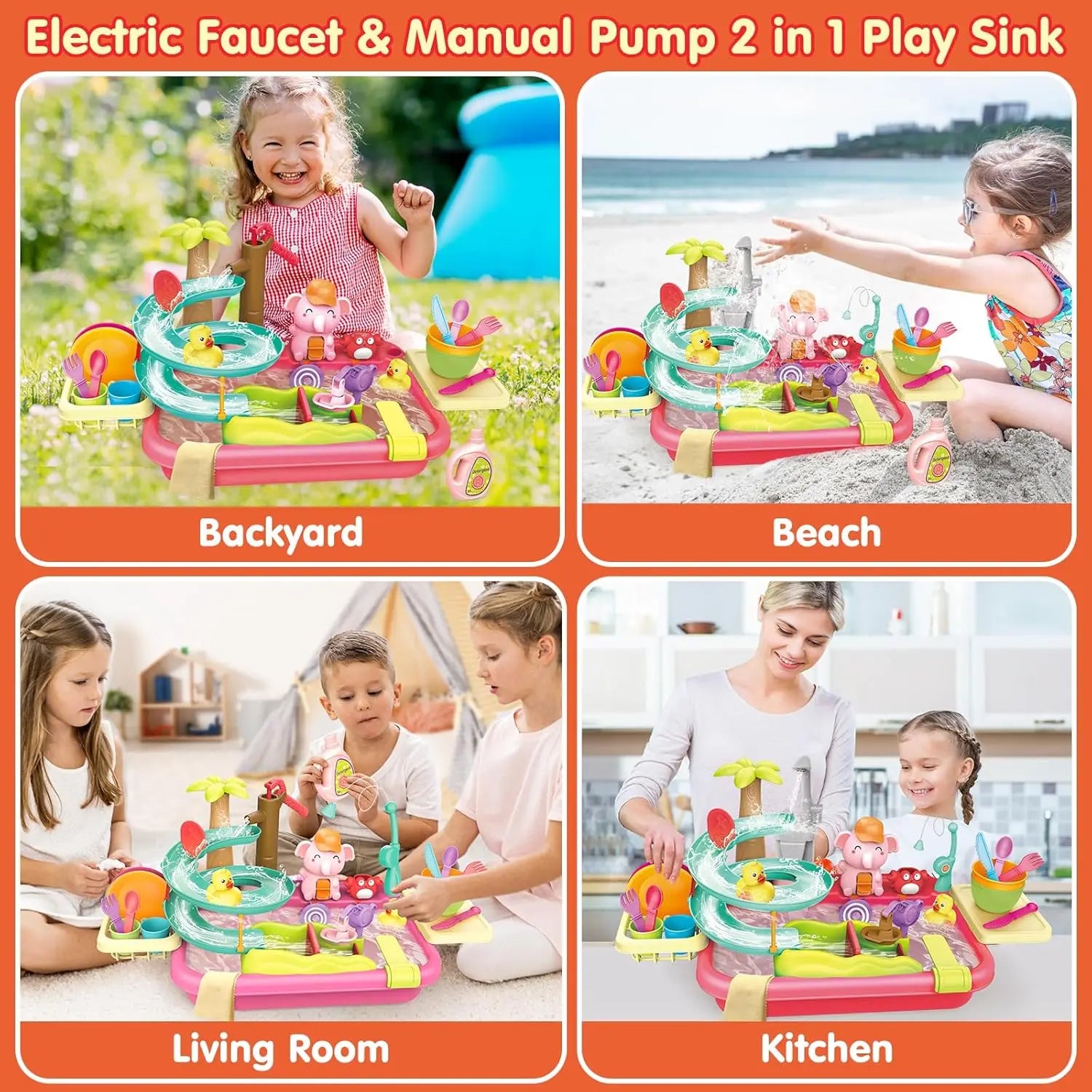 VATOS Kids Play Dishwasher Set with Electric Faucet & Manual Pump