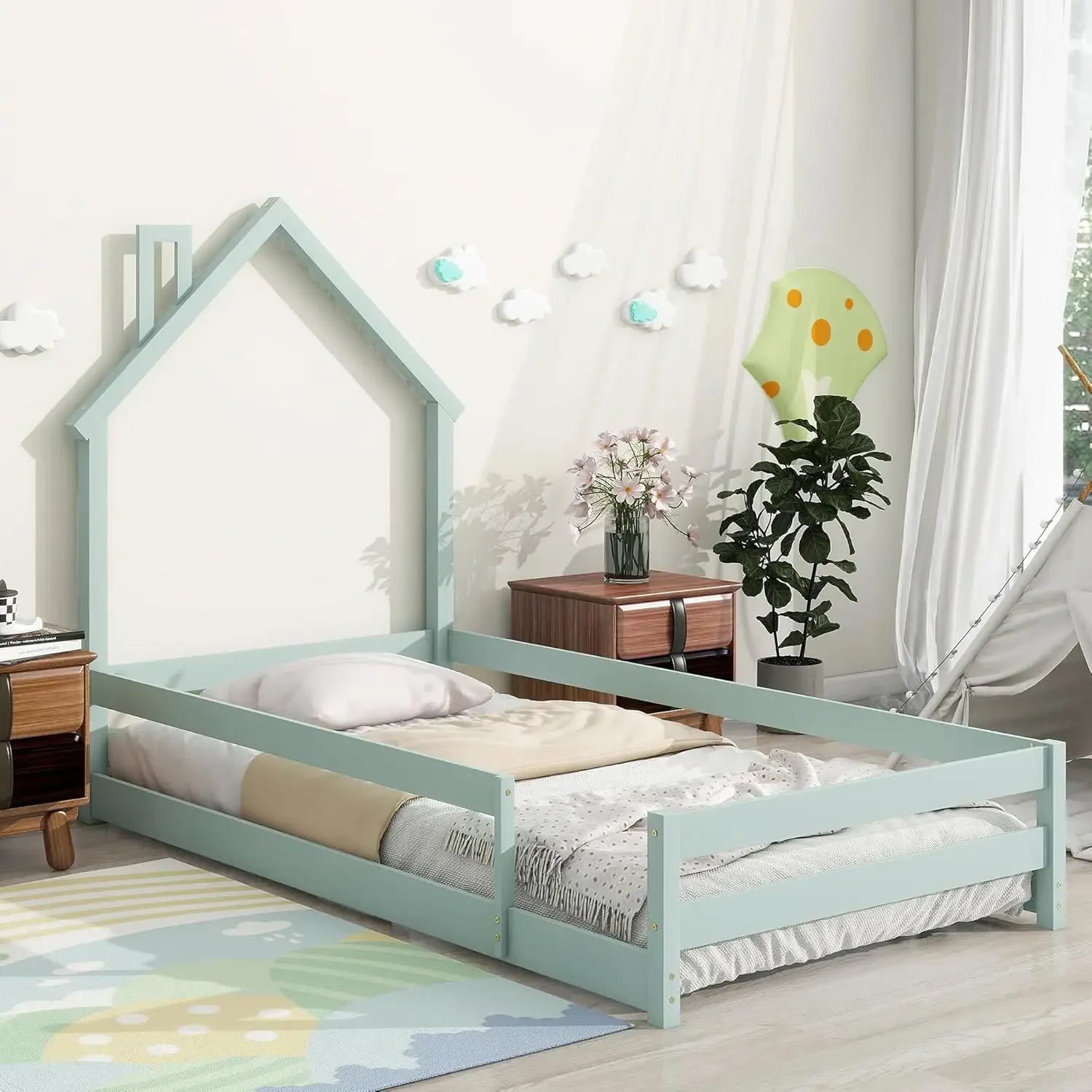 Twin Size Montessori Floor Bed Frame - House-Shaped Pine Wood with Headboard & Fences