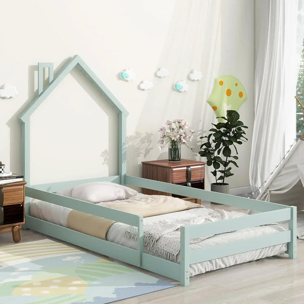 Twin Size Montessori Floor Bed Frame - House-Shaped Pine Wood with Headboard & Fences