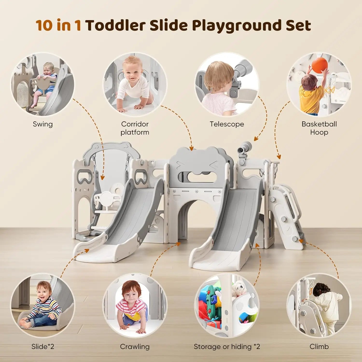 10-in-1 Toddler Swing & Slide Playground with Basketball Hoop