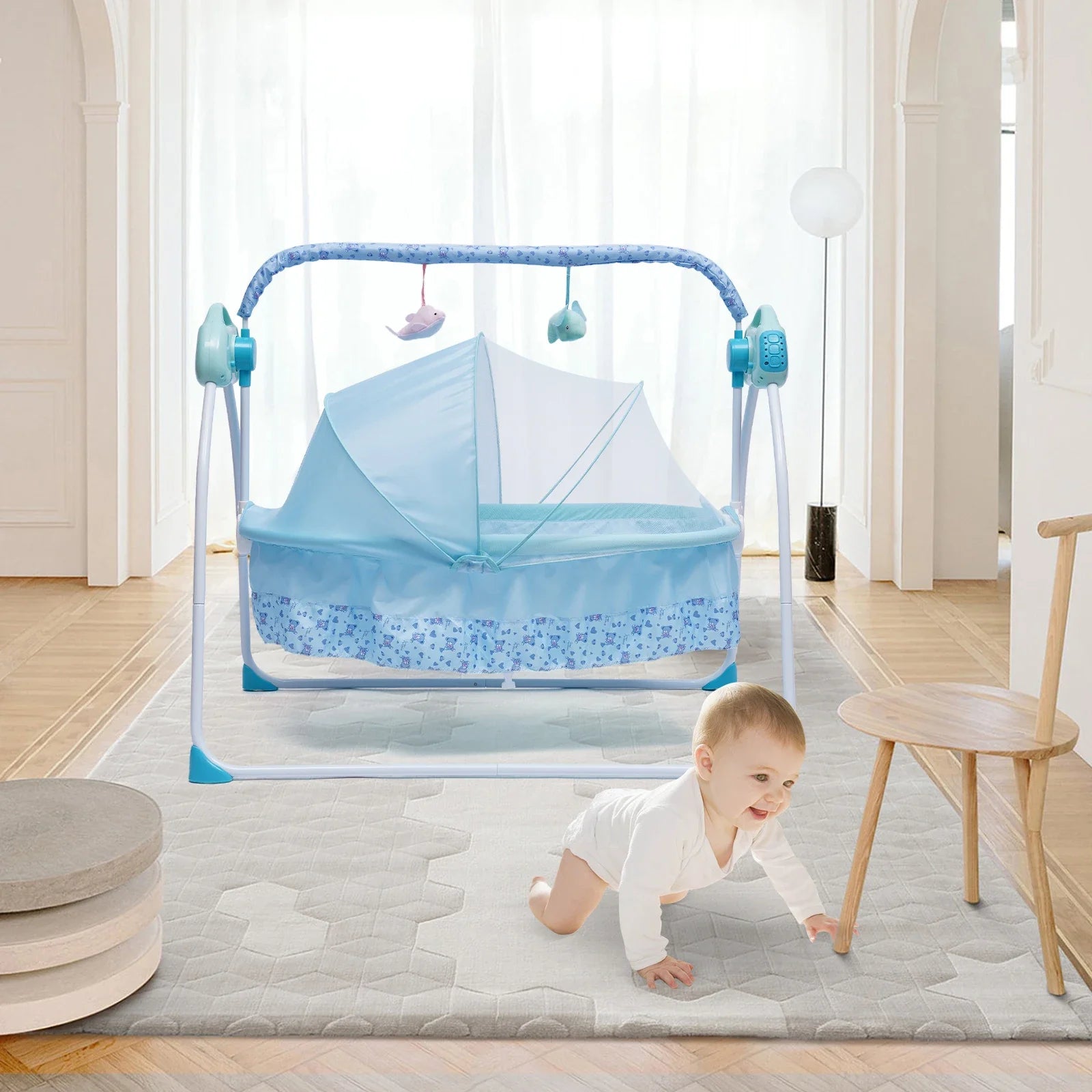 Electric Baby Crib Cradle Auto-Swing with Bluetooth, Chair, Music, Mat & Net - Blue