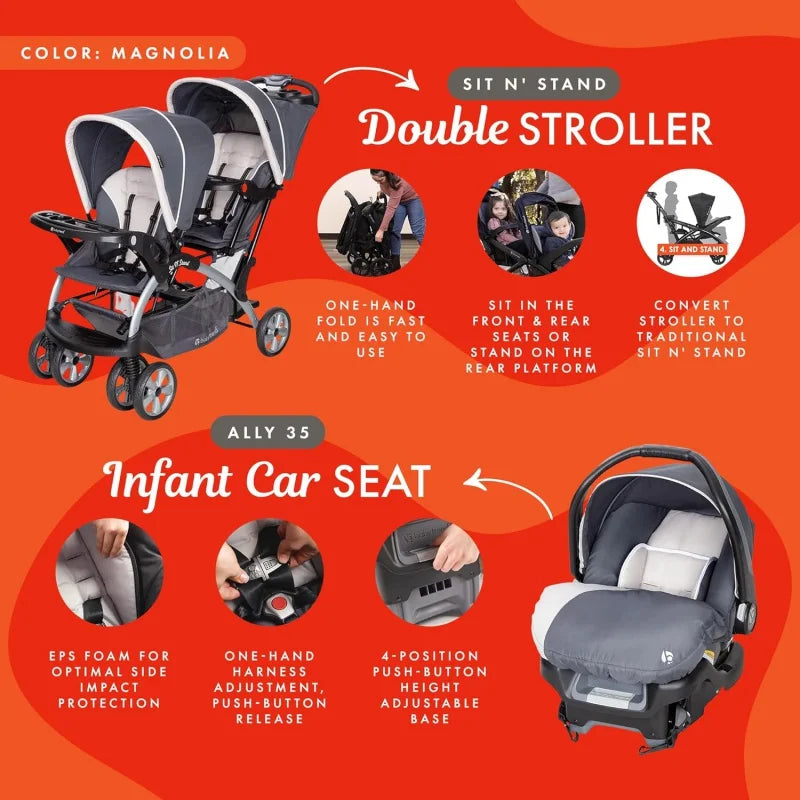 Sit N Stand Double Baby Stroller & Infant Car Seat Travel System