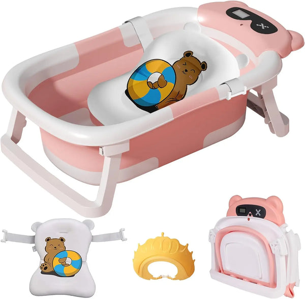 Foldable Baby Bath Tub with Thermometer & Cushion