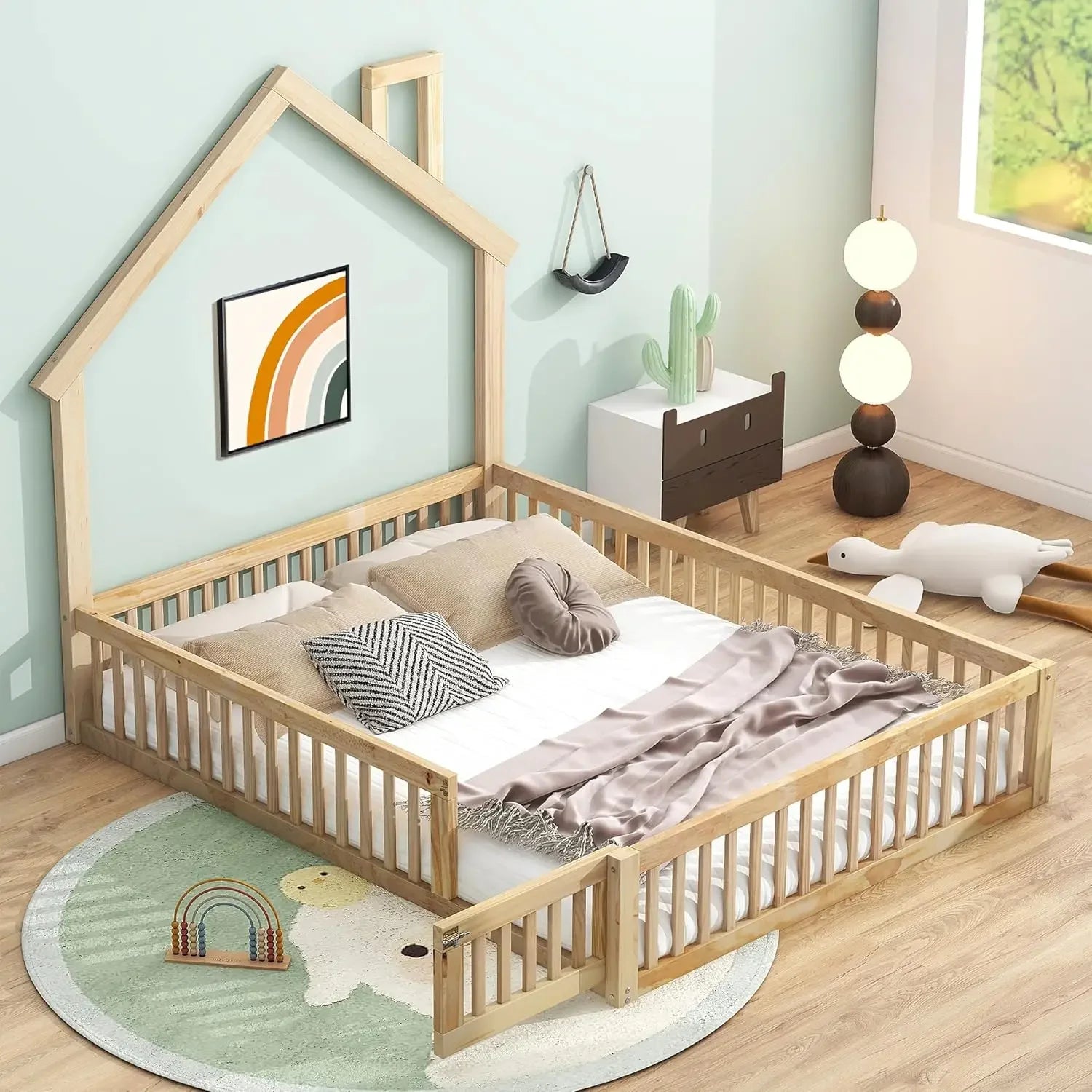 Twin Size Montessori Floor Bed Frame - House-Shaped Pine Wood with Headboard & Fences