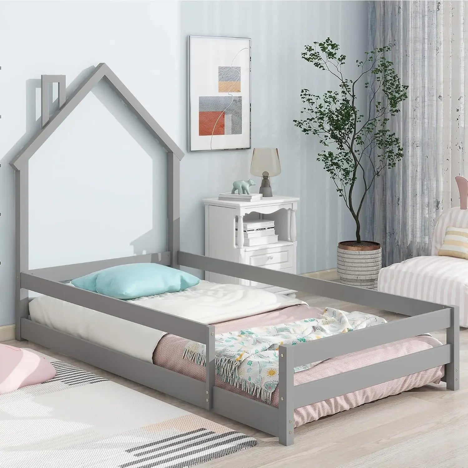 Twin Size Montessori Floor Bed Frame - House-Shaped Pine Wood with Headboard & Fences
