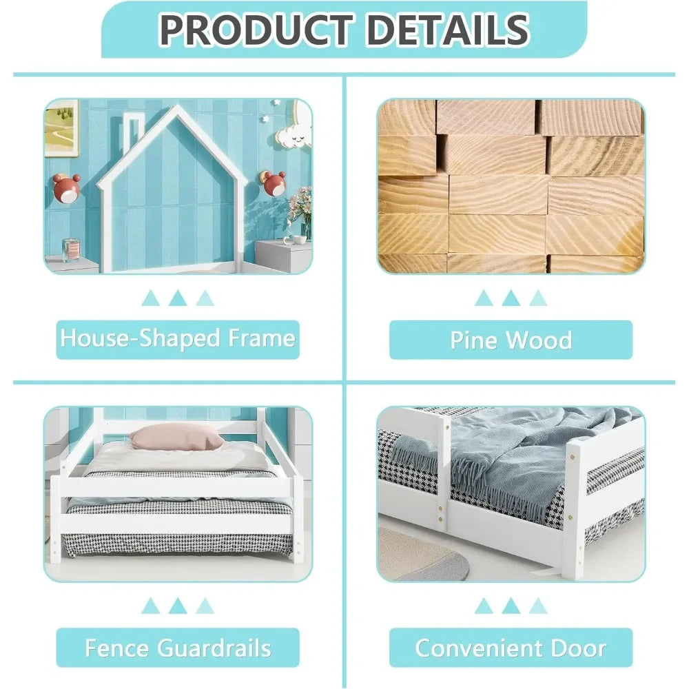 Twin Size Montessori Floor Bed Frame - House-Shaped Pine Wood with Headboard & Fences