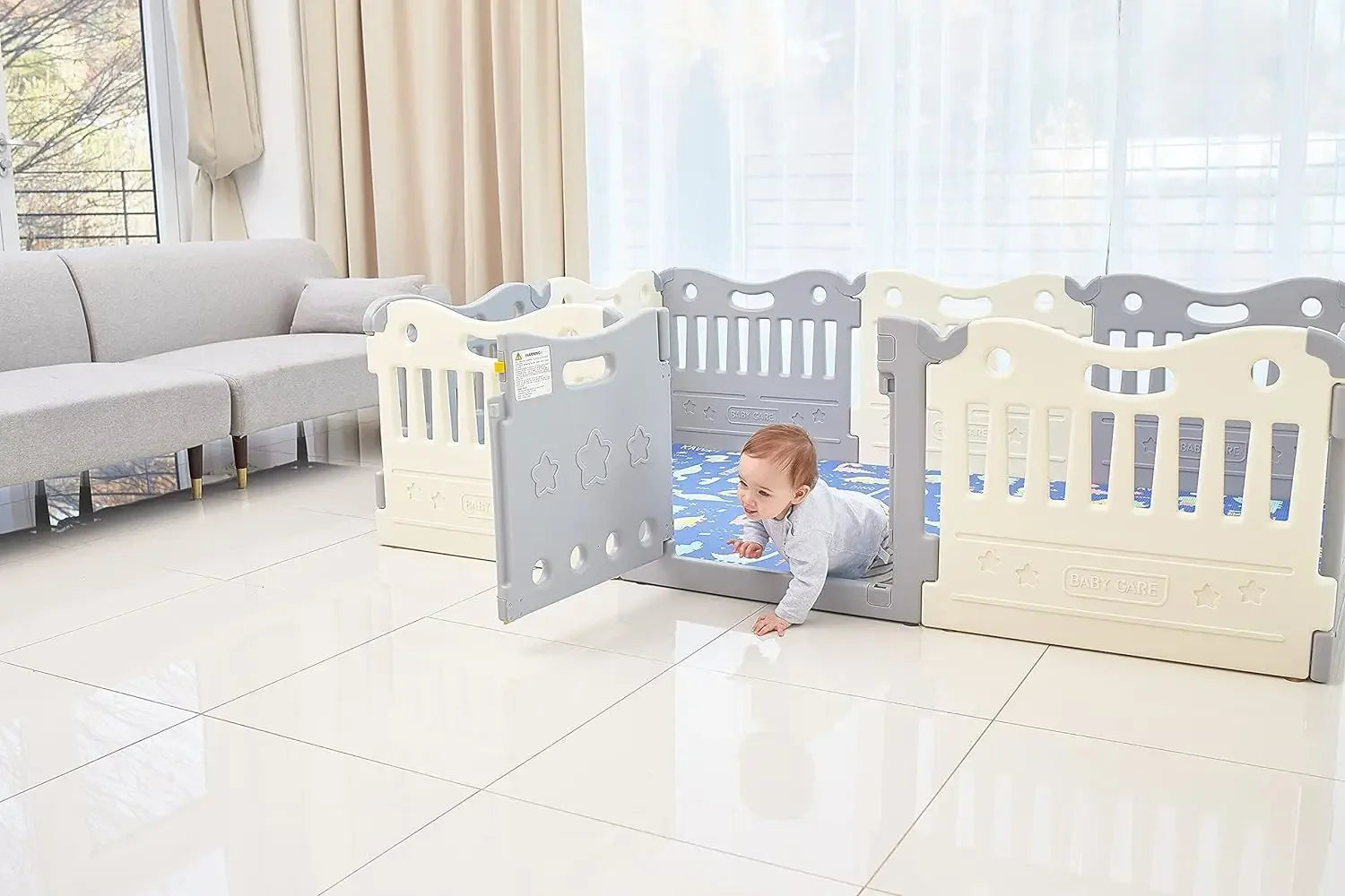 Extra Large Baby Play Yard - Funzone Pen with Double Locking (Grey)