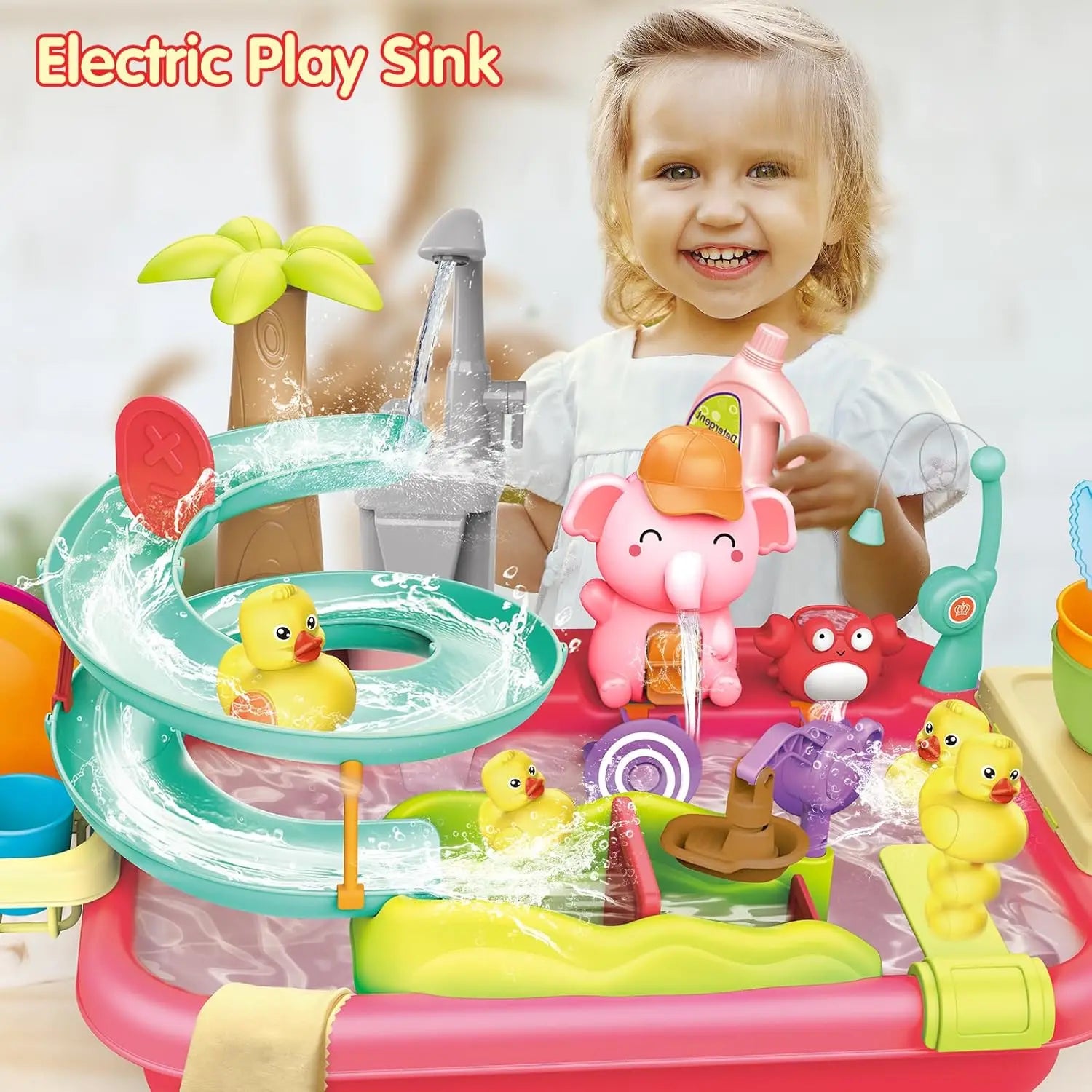 VATOS Kids Play Dishwasher Set with Electric Faucet & Manual Pump