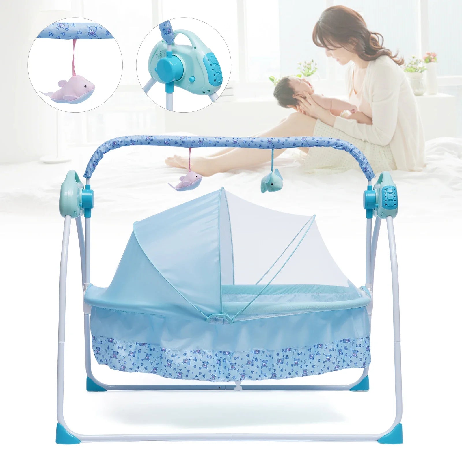 Electric Baby Crib Cradle Auto-Swing with Bluetooth, Chair, Music, Mat & Net - Blue