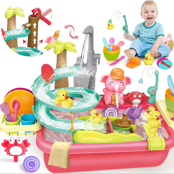 VATOS Kids Play Dishwasher Set with Electric Faucet & Manual Pump