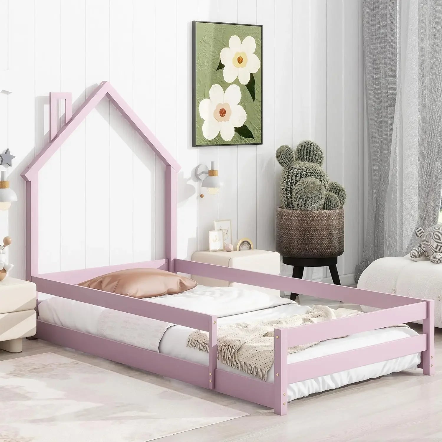 Twin Size Montessori Floor Bed Frame - House-Shaped Pine Wood with Headboard & Fences