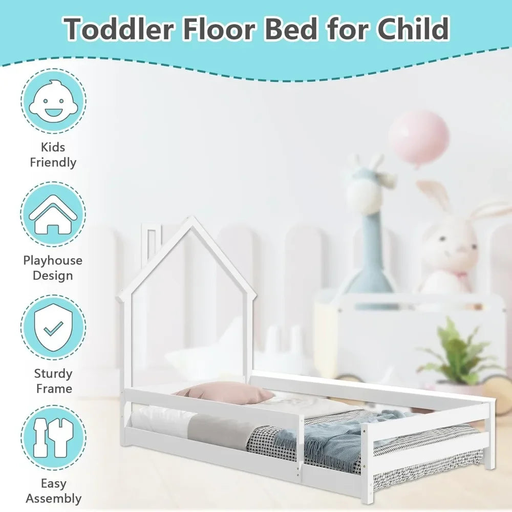 Twin Size Montessori Floor Bed Frame - House-Shaped Pine Wood with Headboard & Fences