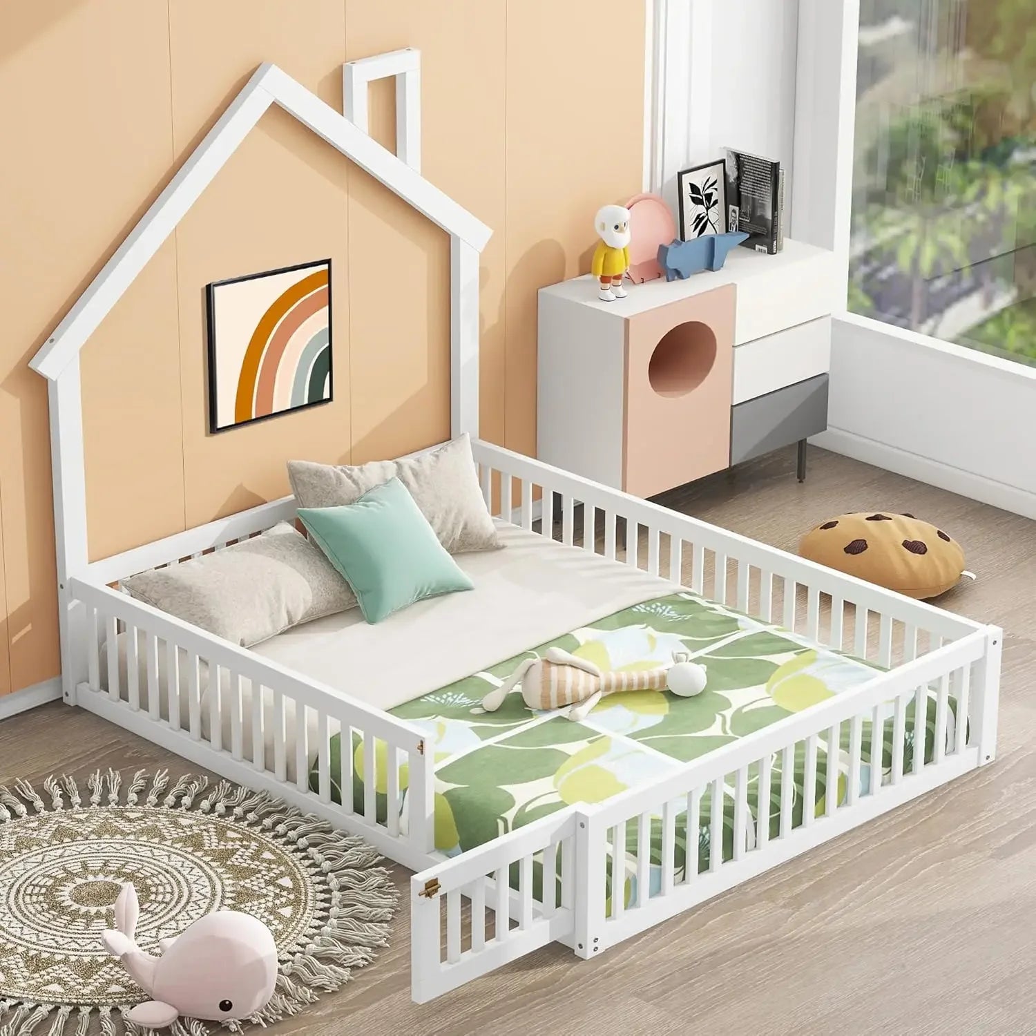Twin Size Montessori Floor Bed Frame - House-Shaped Pine Wood with Headboard & Fences