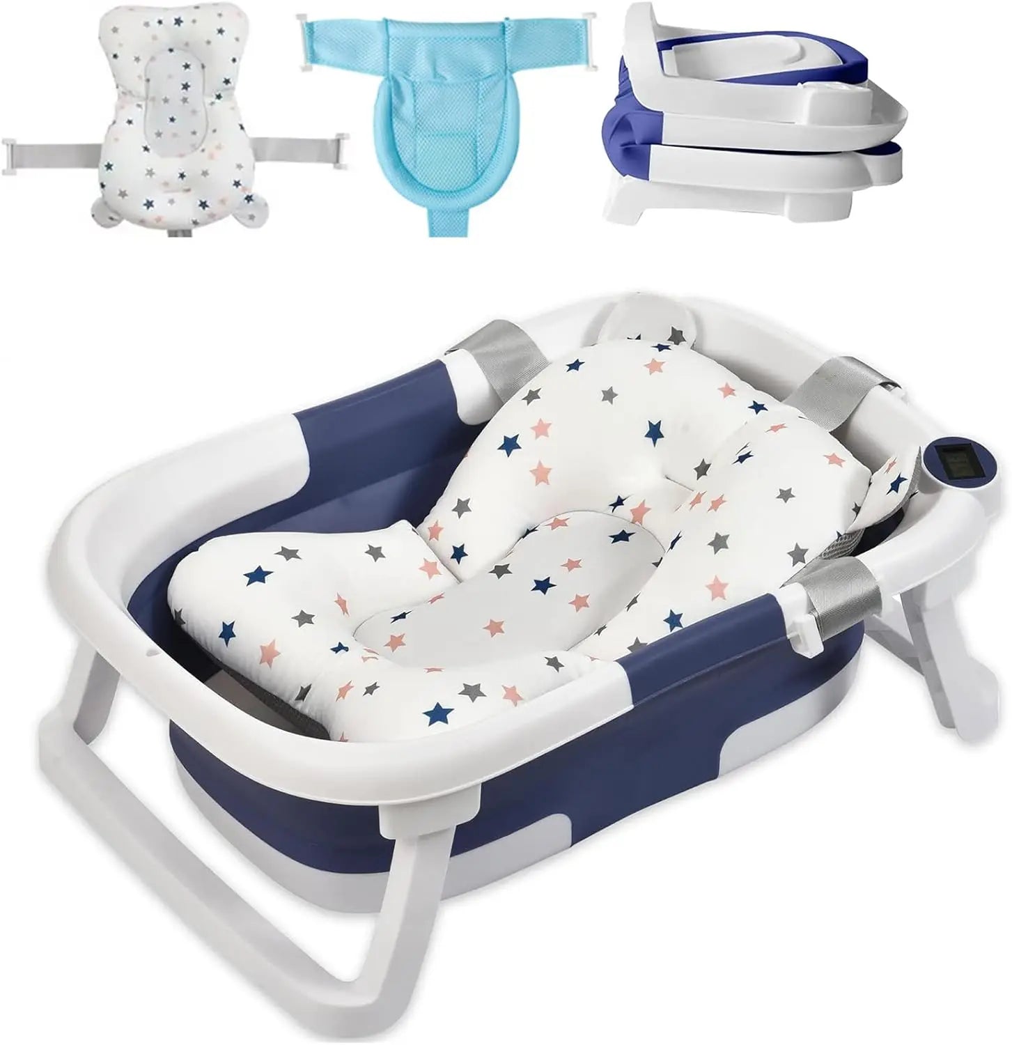 Foldable Baby Bath Tub with Thermometer & Cushion