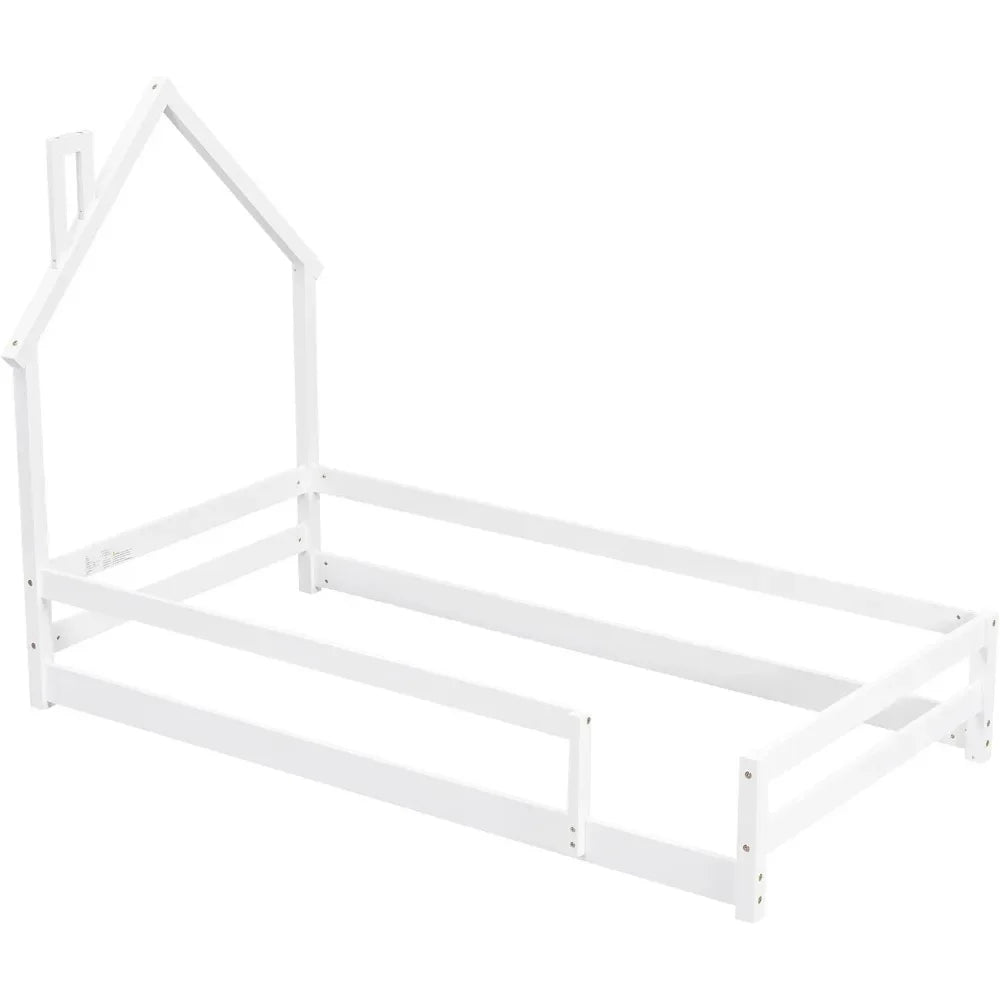 Twin Size Montessori Floor Bed Frame - House-Shaped Pine Wood with Headboard & Fences