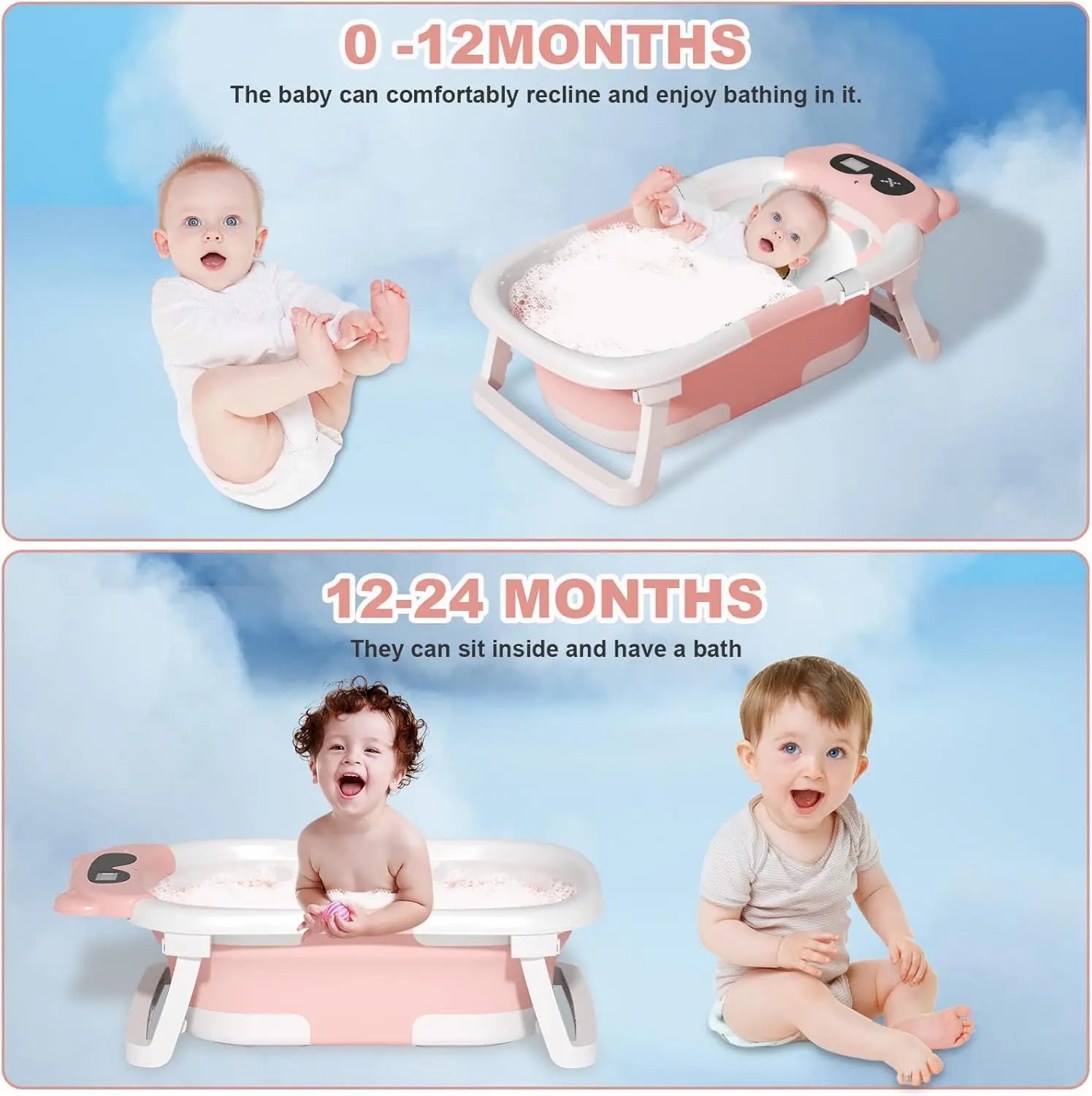 Foldable Baby Bath Tub with Thermometer & Cushion