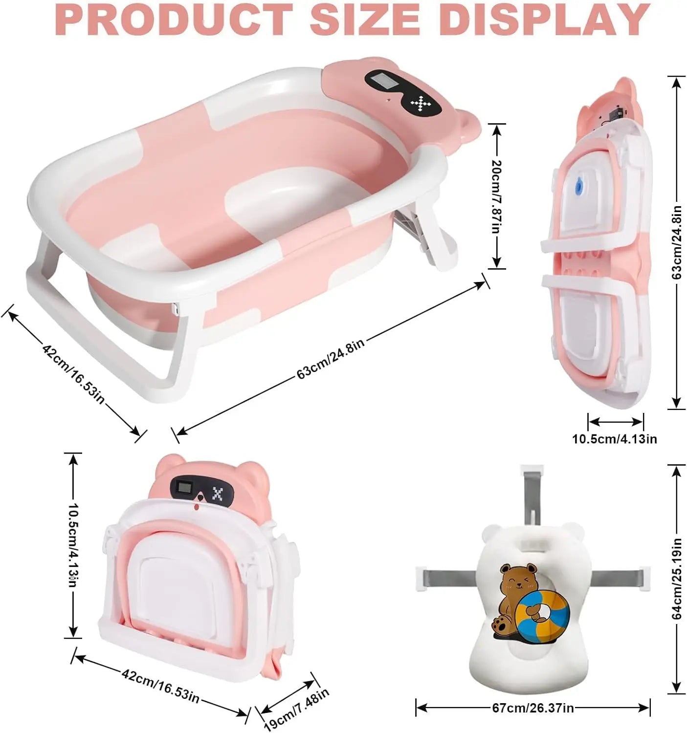 Foldable Baby Bath Tub with Thermometer & Cushion