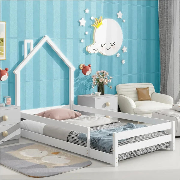 Twin Size Montessori Floor Bed Frame - House-Shaped Pine Wood with Headboard & Fences