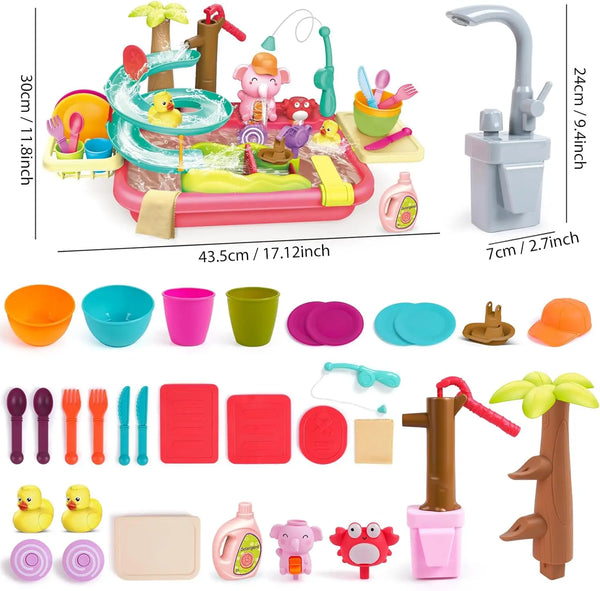VATOS Kids Play Dishwasher Set with Electric Faucet & Manual Pump