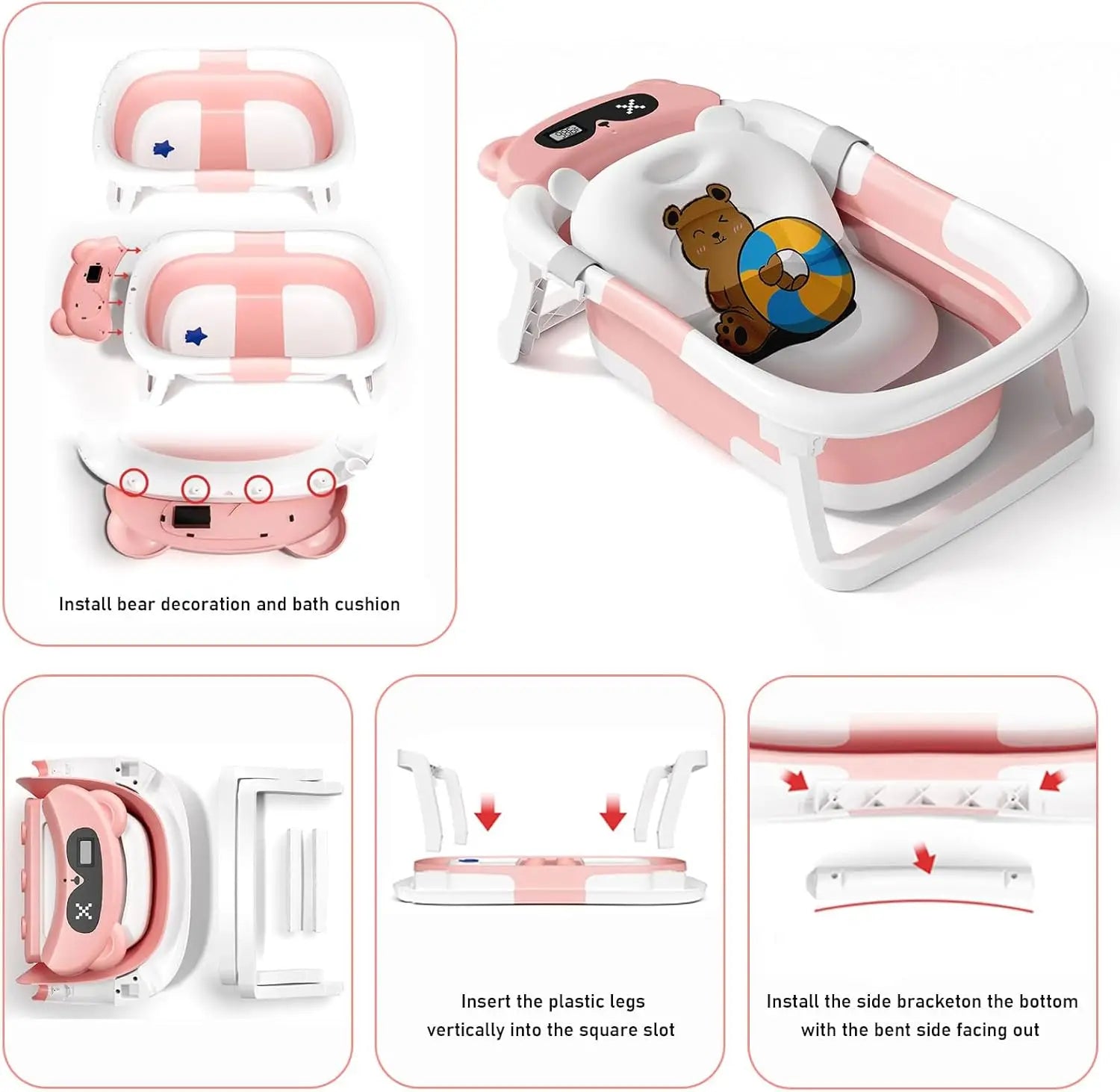 Foldable Baby Bath Tub with Thermometer & Cushion