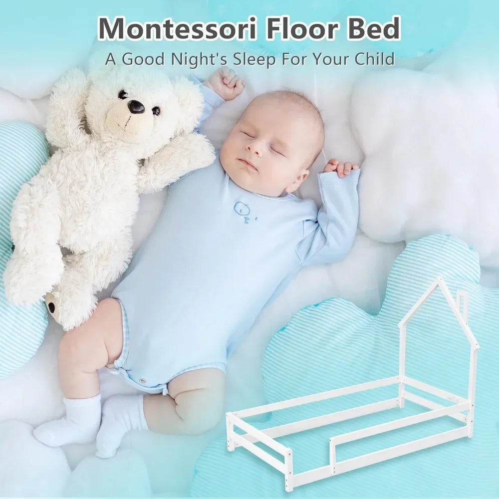 Twin Size Montessori Floor Bed Frame - House-Shaped Pine Wood with Headboard & Fences