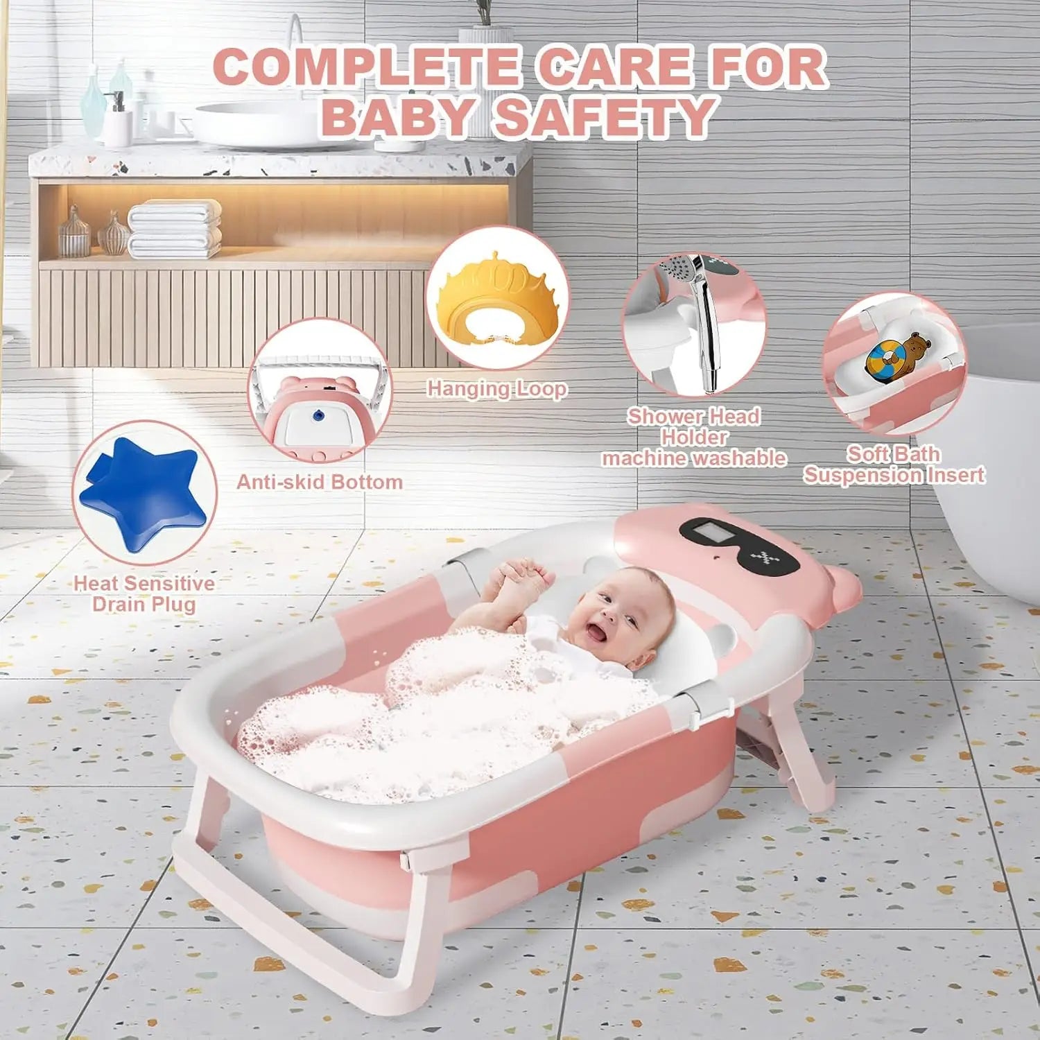 Foldable Baby Bath Tub with Thermometer & Cushion